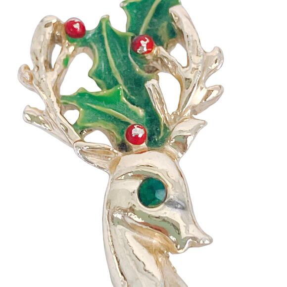 VTG Signed Gerry’s 1970s Christmas Reindeer Brooch Gold Tone Enamel Nostalgic - Picture 2 of 8